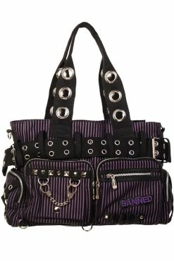 Banned Apparel Purple Prison Stripes Handcuff Handbag [BLACK/PURPLE]