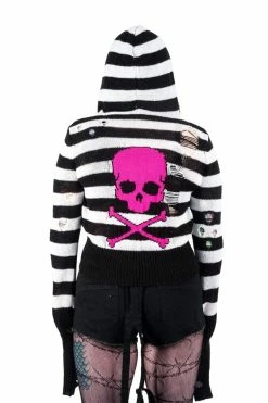 Too Fast Pink Skull Striped Zip Up Cardigan Sweater