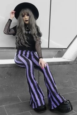 Too Fast Distressed Striped Hellz Bellz Bell Bottoms [BLACK/PURPLE] -AKUMU INK shop 44444