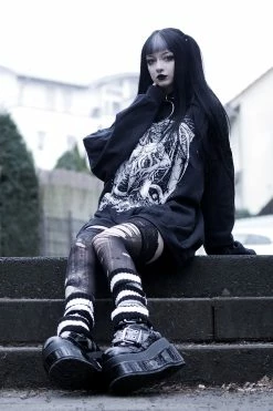 VampireFreaks Love At First Bite Striped Leg Warmers [Black/White] -AKUMU INK shop Circus Striped Leg Warmers