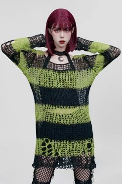 PUNK RAVE Bleed Green Striped Sweater [BLACK/GREEN] -AKUMU INK shop Distressed Green Sweater