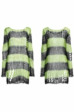 PUNK RAVE Bleed Green Striped Sweater [BLACK/GREEN] -AKUMU INK shop Emo Top for women