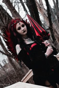 VampireFreaks Batwing Pagoda Umbrella [BLACK/RED STRIPED] -AKUMU INK shop Goth Circus Umbrella