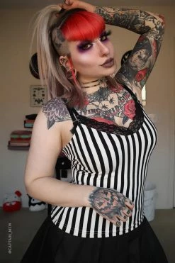 FOREST INK Lydia Lace Cami Top -AKUMU INK shop Goth Striped Top