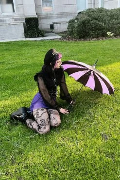 VampireFreaks Batwing Pagoda Umbrella [BLACK/PURPLE STRIPED] -AKUMU INK shop Gothic Purple Umbrella