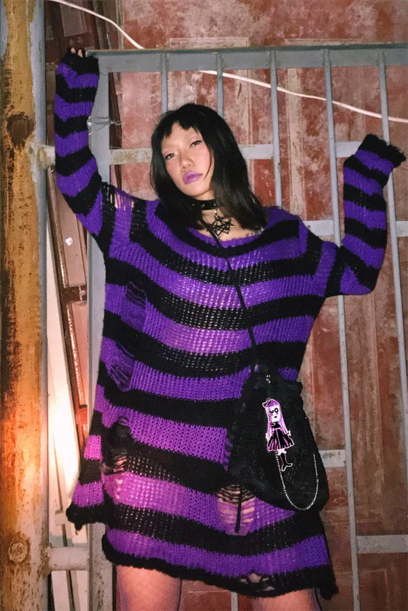 Catalyst Purple/Black Striped Distressed Sweater 4 Catalyst Purple/Black Striped Distressed Sweater - Image 2