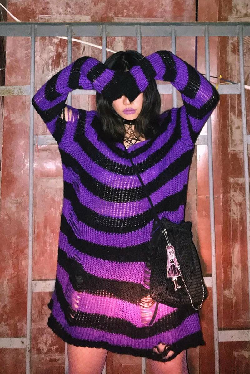 Catalyst Purple/Black Striped Distressed Sweater 5 Catalyst Purple/Black Striped Distressed Sweater - Image 3