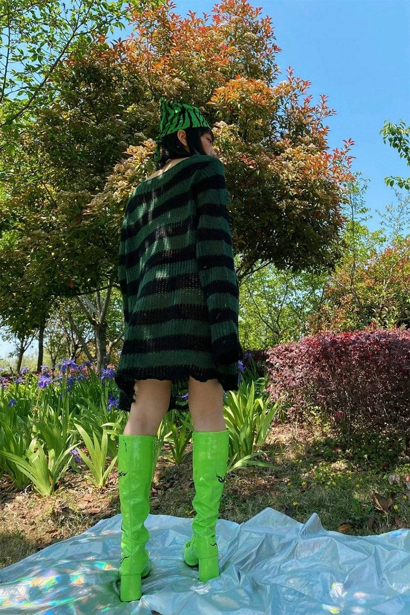 Catalyst Dark Forest Green/Black Striped Distressed Sweater 7 Catalyst Dark Forest Green/Black Striped Distressed Sweater - Image 5