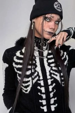 Too Fast Bony Skeleton Cardigan Zip Up Sweater