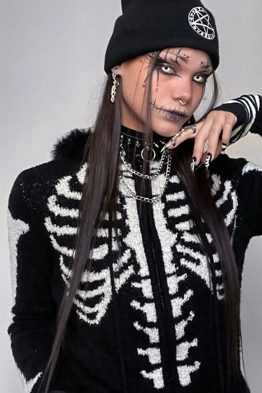 Too Fast Bony Skeleton Cardigan Zip Up Sweater 3 Too Fast Bony Skeleton Cardigan Zip Up Sweater