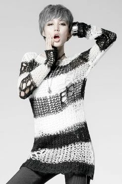 Punk Rave Damage Striped Sweater [Black/White] -AKUMU INK shop IMG 4765