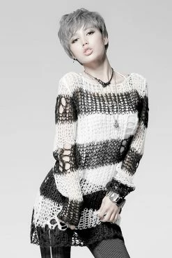 Punk Rave Damage Striped Sweater [Black/White] -AKUMU INK shop IMG 4767
