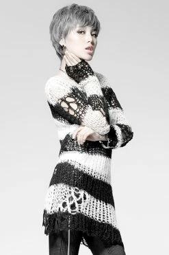 Punk Rave Damage Striped Sweater [Black/White] -AKUMU INK shop IMG 4774