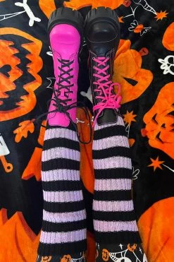 VampireFreaks Funeral Flowers Striped Leg Warmers [BLACK/LILAC] -AKUMU INK shop Lolita Goth Leg Warmers