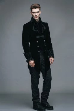 DEVIL FASHION Black Blood Velvet Coat [BLACK] -AKUMU INK shop Mens Goth Coat