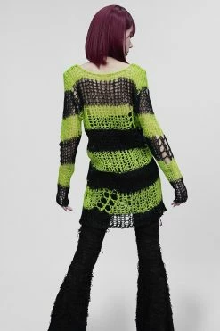 PUNK RAVE Bleed Green Striped Sweater [BLACK/GREEN] -AKUMU INK shop Neon Green Punk Top