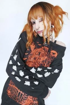 VampireFreaks Haunted Mansion Sweatshirt [Pumpkin Orange] -AKUMU INK shop Pumpkin Orange Gothic Shirt for Women