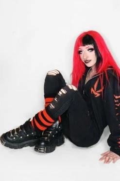 VampireFreaks Bloodthirst Striped Leg Warmers [BLACK/RED] -AKUMU INK shop Punk Leg Warmers Emo