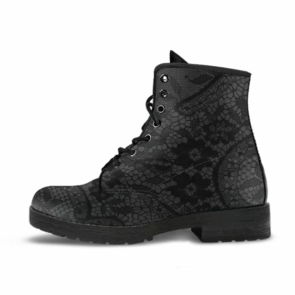 Gallery Serpentine Black Gothic Lace On Grey Vegan Women's Boots, FREE Shipping 6 Gallery Serpentine Black Gothic Lace On Grey Vegan Women's Boots, FREE Shipping - Image 4