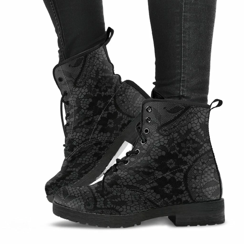 Gallery Serpentine Black Gothic Lace On Grey Vegan Women's Boots, FREE Shipping 5 Gallery Serpentine Black Gothic Lace On Grey Vegan Women's Boots, FREE Shipping - Image 3