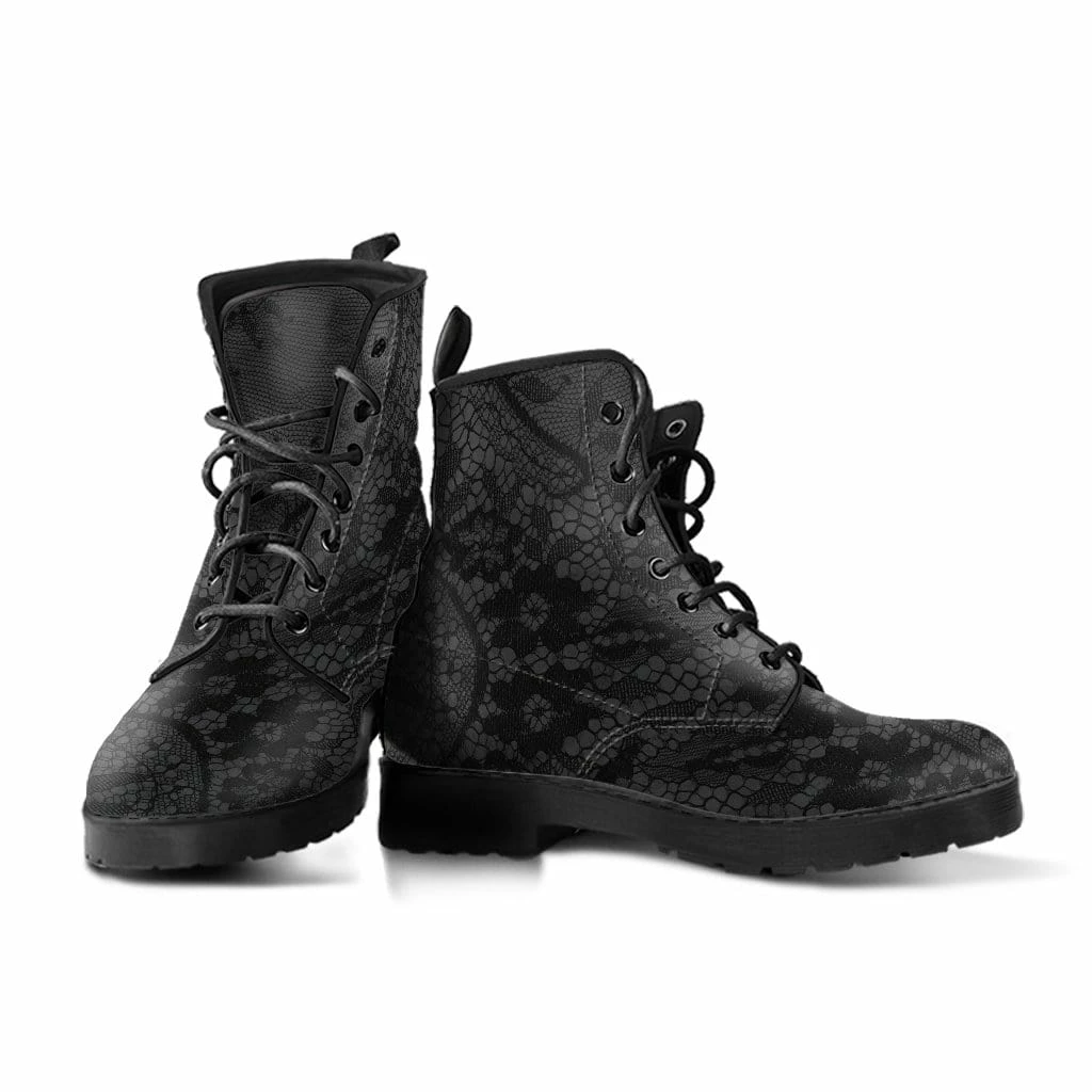 Gallery Serpentine Black Gothic Lace On Grey Vegan Women's Boots, FREE Shipping 4 Gallery Serpentine Black Gothic Lace On Grey Vegan Women's Boots, FREE Shipping - Image 2