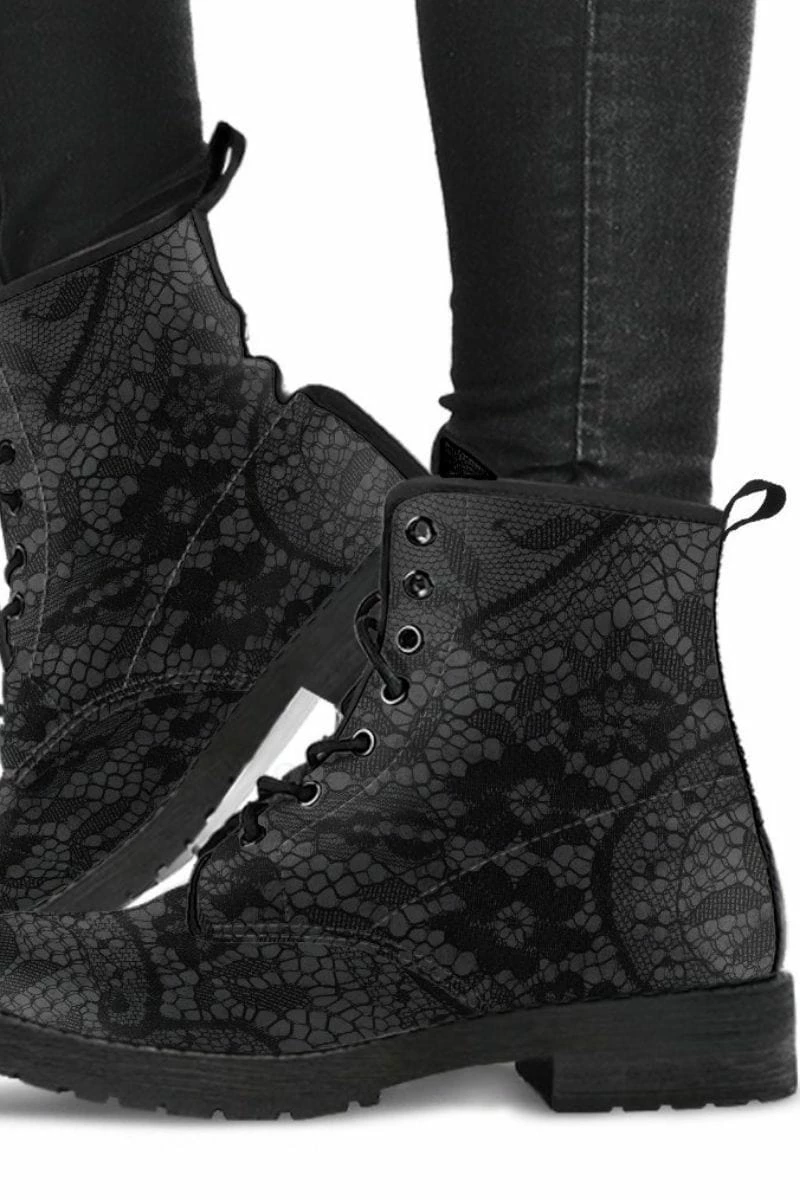 Gallery Serpentine Black Gothic Lace On Grey Vegan Women's Boots, FREE Shipping 3 Gallery Serpentine Black Gothic Lace On Grey Vegan Women's Boots, FREE Shipping