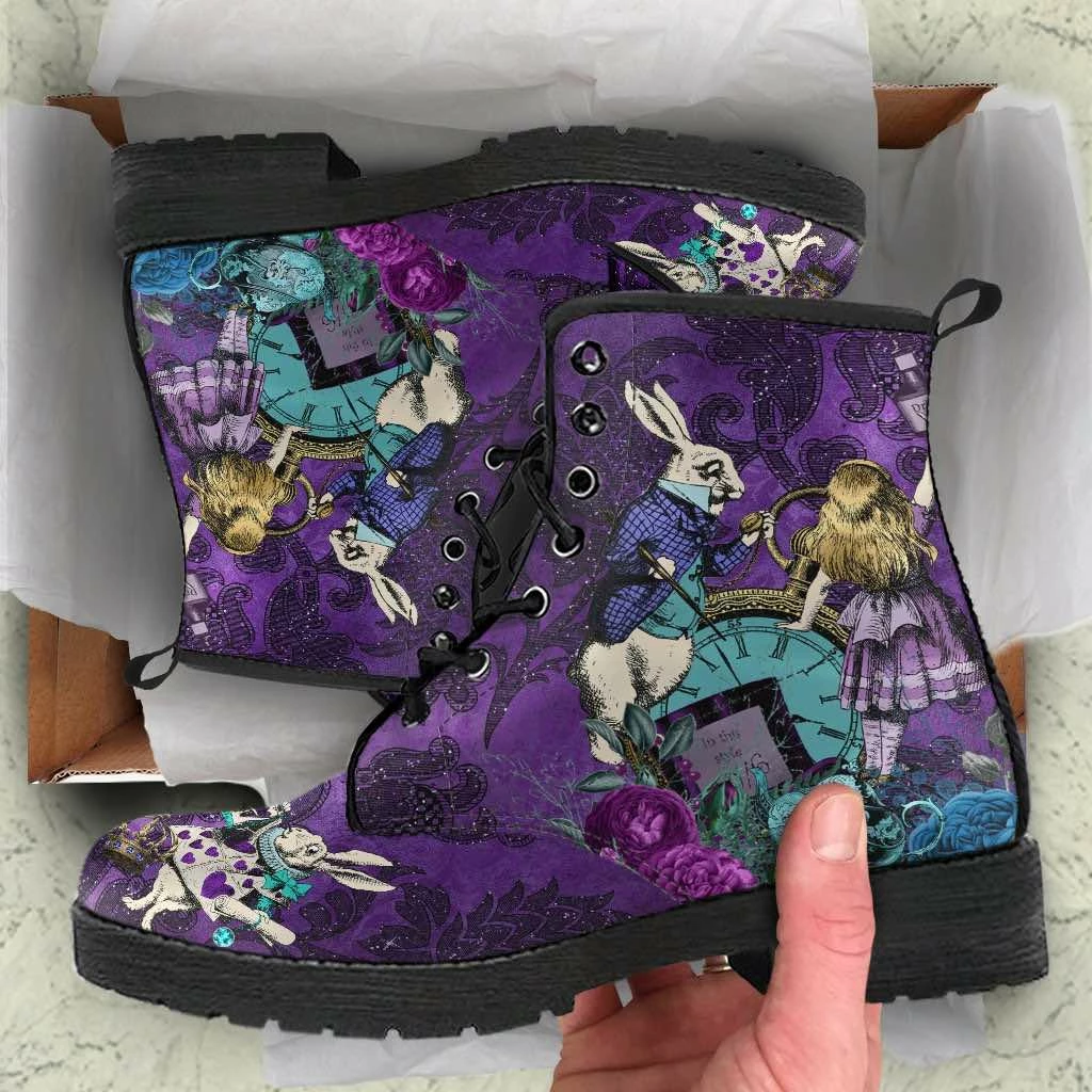 Gallery Serpentine Alice In Wonderland Purple Damask Vegan Women's Boots, FREE Shipping 5 Gallery Serpentine Alice In Wonderland Purple Damask Vegan Women's Boots, FREE Shipping - Image 3