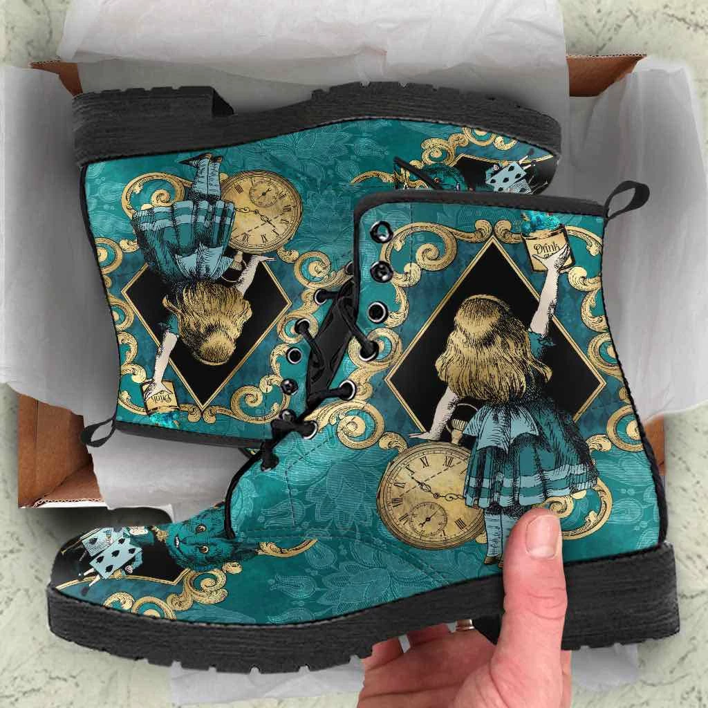 Gallery Serpentine Teal Alice In Wonderland Vegan Women's Boots, FREE Shipping 4 Gallery Serpentine Teal Alice In Wonderland Vegan Women's Boots, FREE Shipping - Image 2