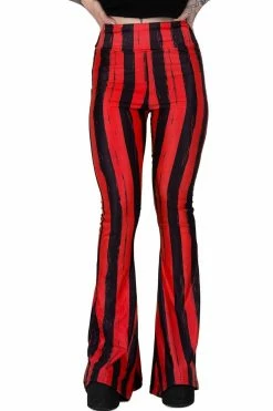 Too Fast Distressed Striped Hellz Bellz Bell Bottoms [BLACK/RED] -AKUMU INK shop Red Emo Striped Flares