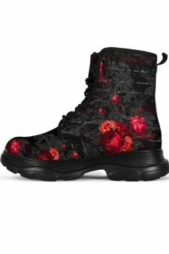 Gallery Serpentine Red Roses French Script Chunky Boots, FREE Shipping