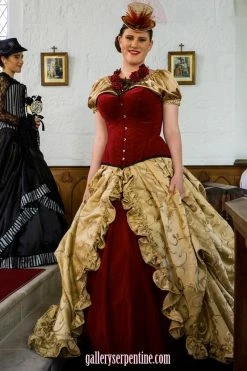 Gallery Serpentine Corsetry Red Velvet Turn Of The Century Corset, Made To Measure -AKUMU INK shop Royal Red Velvet gold ensemble 800x1200