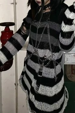 Catalyst Gradient Gray Striped Distressed Sweater