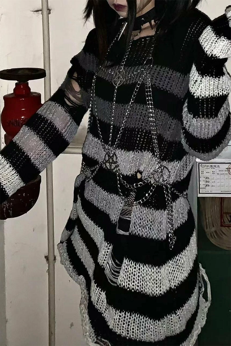 Catalyst Gradient Gray Striped Distressed Sweater 3 Catalyst Gradient Gray Striped Distressed Sweater