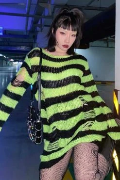 Catalyst Neon Green/Black Striped Distressed Sweater