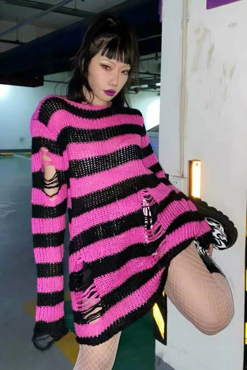 Catalyst Hot Pink/Black Striped Distressed Sweater 4 Catalyst Hot Pink/Black Striped Distressed Sweater - Image 2
