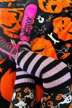 VampireFreaks Funeral Flowers Striped Leg Warmers [BLACK/LILAC] -AKUMU INK shop Striped Womens Accessories