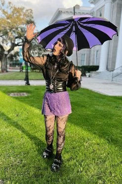 VampireFreaks Batwing Pagoda Umbrella [BLACK/PURPLE STRIPED] -AKUMU INK shop Vintage Gothic Umbrella Pagoda