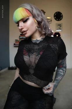 FOREST INK Spiderweb Mesh Short Sleeve Crop Top -AKUMU INK shop Womens Baddie Crop Top