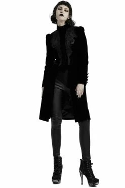 PUNK RAVE Black Dahlia Velvet Coat [BLACK] -AKUMU INK shop Womens Black Velvet Gothic Overcoat