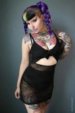 FOREST INK Spiderweb Mesh Front Tie Dress -AKUMU INK shop Womens Goth Datenight Dress