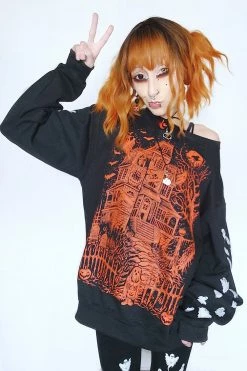 VampireFreaks Haunted Mansion Sweatshirt [Pumpkin Orange] -AKUMU INK shop Womens Haunted Mansion Oversized Shirt