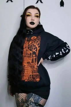 VampireFreaks Haunted Mansion Hoodie [Pumpkin Orange] -AKUMU INK shop Womens Horror Fan Hoodie