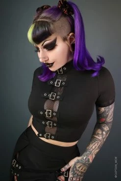 FOREST INK Winona Buckle Top -AKUMU INK shop Womens Mesh Goth Crop Top
