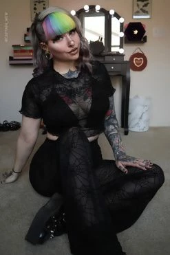 FOREST INK Spiderweb Mesh Short Sleeve Crop Top -AKUMU INK shop Womens Plus Size Crop Top