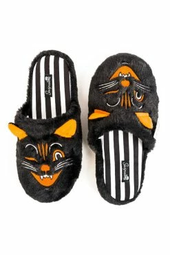SOURPUSS Furry Jinx The Cat Slippers -AKUMU INK shop black cat slippers