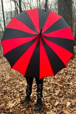 VampireFreaks Batwing Pagoda Umbrella [BLACK/RED STRIPED] -AKUMU INK shop black red batwing umbrella