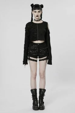 PUNK RAVE Wicked Wednesday Crop Top [BLACK] -AKUMU INK shop cold shoulder goth top