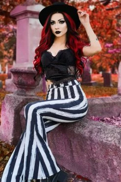 Too Fast Distressed Beetlejuice Striped Hellz Bellz Bell Bottoms [BLACK/WHITE] -AKUMU INK shop eorjfgreifgfrefgbgftr