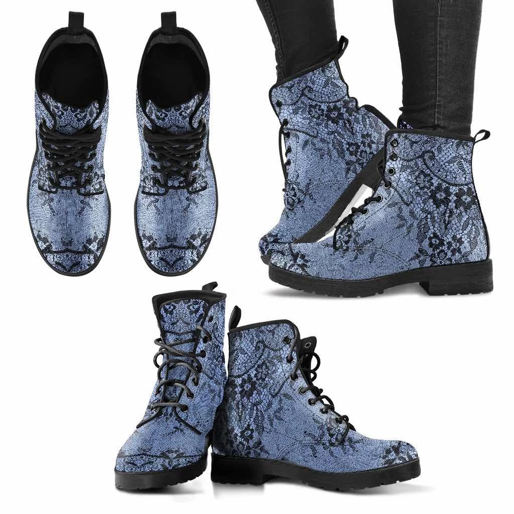 Gallery Serpentine Gothic Lace On Blue, Vegan Boots 5 Gallery Serpentine Gothic Lace On Blue, Vegan Boots - Image 3