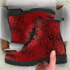 Gallery Serpentine Red + Black Gothic Lace Print Vegan Boots, FREE Shipping -AKUMU INK shop front 5 1024x1024 2x 2488690f c07c 467a a3e4 cab99bed2760